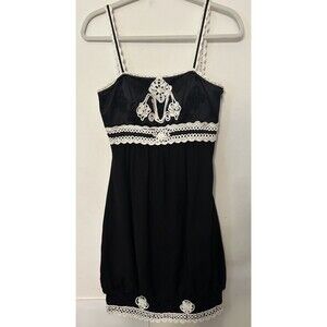 Sue Wong 100% Silk Black Short dress Y2k Empire Waist Embroidery Crochet Size 2